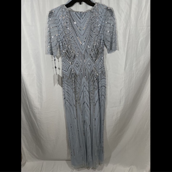 NWT $349 Adrianna Papell V-neck Beaded Gown in‎ Glacier [SZ 0 ] - Picture 11 of 15